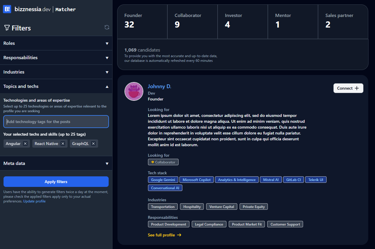 Screenshot of the Bizznessia platform